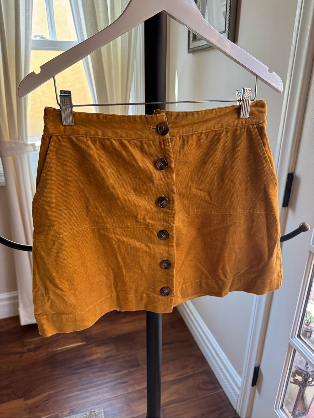 Fashion on Earth Woman Button-Front Corduroy Mini Skirt in Mustard Size Medium